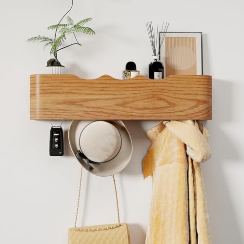 Coat Rack Wall Mount with Shelf 4 Hidden Hooks Modern Wooden Key Holder Entryway Organizer for Hallway Bedroom Bathroom Home Decor Storage for Hanging Coats Hats Bags Towels, Wave-Shape Oak - color: Oak Wave-Shape, size: 4 Hooks