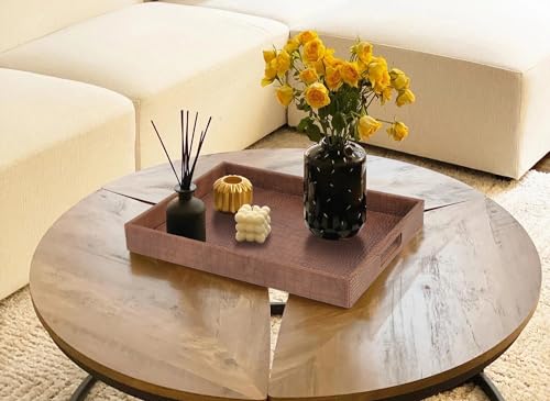 HofferRuffer Rectangle Serving Tray with Hole Handles for Coffee Table, Breakfast, Tea, Food, Butler - Countertop, Kitchen, Vanity Serve Tray, 16.2 x 12.2 x 2 inches, Faux Leather (Antique Brown) - color: Antique Brown