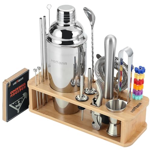 HMYBAR® 22-Piece Cocktail Shaker Set, Mixology Bartender Kit with 24oz Cobbler Shaker, Home Bar Tool Set with Natural Bamboo Stand, 39 Recipe Cards, Glass Markers, Gift for Men & Dad - color: Natural