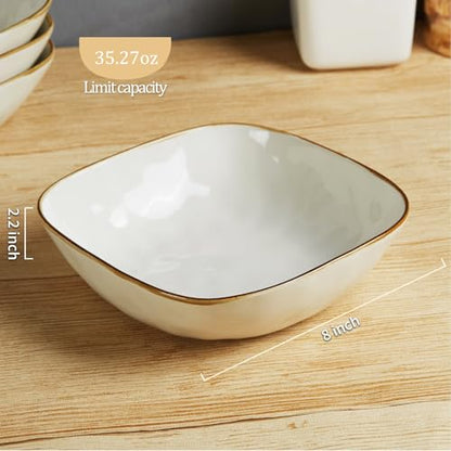 famiware Ocean Pasta Bowls Set of 4, Square 8" Serving Bowl, Vanilla White | Microwave & Dishwasher Safe, Lead-free and Cadmium-free, Stoneware Scratch Resistant Plates Bowls, Serving Bowls - color: Vanilla White