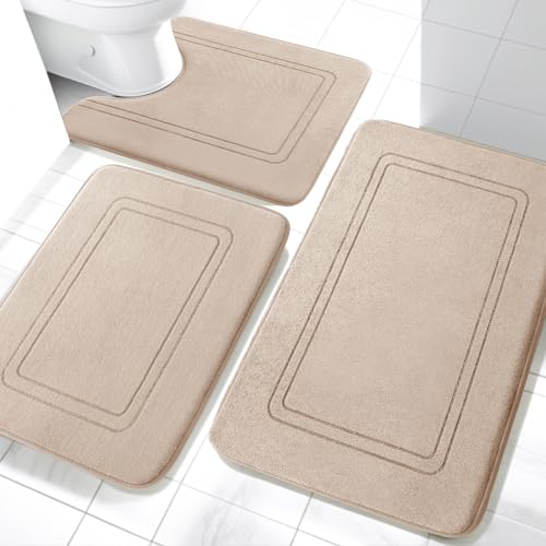 Memory Foam Bath Mat Set, Bathroom Rugs Sets 3 Pieces, Non Slip Bath Mats for Bathroom, Super Soft and Water Absorbent Bath Rug Set, Machine Washable U Shape Toilet Rug,Beige - color: Beige, size: 3pieces