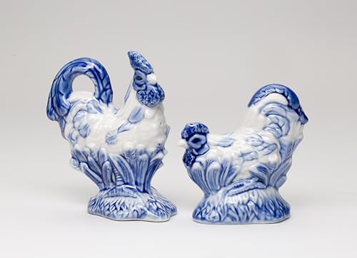 Fine Ceramic Dutch Blue Rooster Salt & Pepper Shakers Set, 4-3/8" H