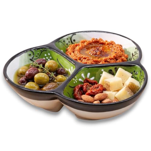 3-Compartment Ceramic Serving Dish, Handmade in Spain | 7.5” divided chip and dip bowl with lead-free glaze, microwave, oven and dishwasher safe, ideal for tapas, snacks and sauces - color: Onyx Green
