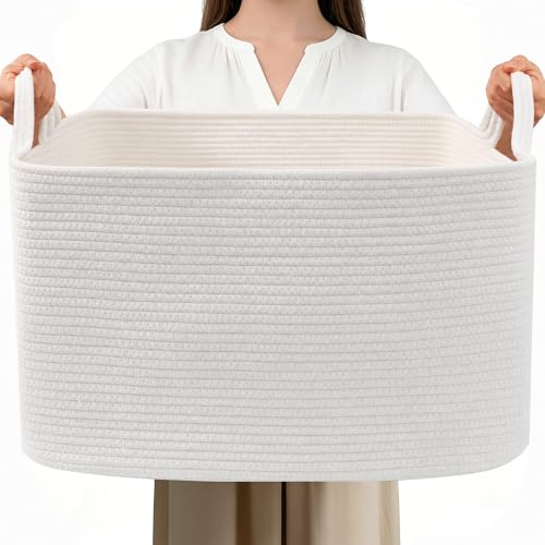 65L Large Laundry Basket with Handles,Woven Blanket Basket,White | 21"×16"×12" Collapsible Cotton Rope Storage Basket for Toys Clothes & Pillows, Nursery, Bathroom, Bedroom, Living Room - color: White, size: 65L