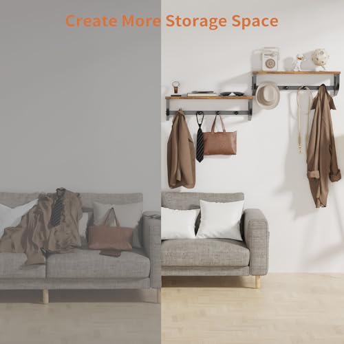 Coat Rack Wall Mount, Wood Wall Shelf with Hooks, Coat Hanger Wall Mount with 4 Metal Hooks, Wall Mounted Coat Rack Organizer for Entryway, Bedroom, Living Room, Room Decor, Brown 2 Pack - size: 33.8 inch-2 pack