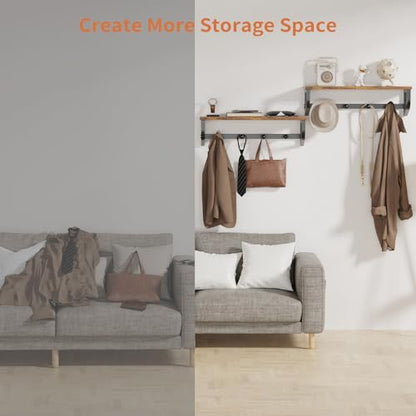 Coat Rack Wall Mount, Wood Wall Shelf with Hooks, Coat Hanger Wall Mount with 4 Metal Hooks, Wall Mounted Coat Rack Organizer for Entryway, Bedroom, Living Room, Room Decor, Brown 2 Pack - size: 33.8 inch-2 pack