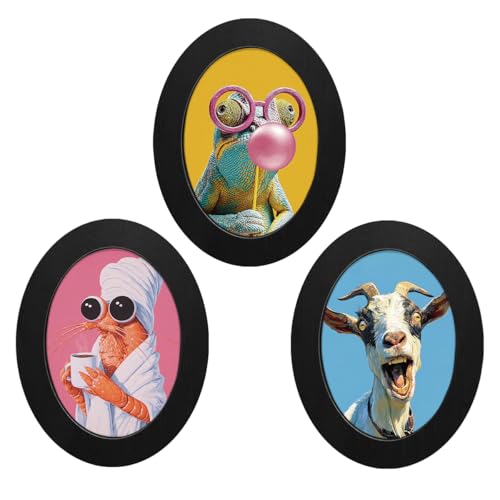 3Pcs Funny Cute Animal Oval Wall Art Framed Whimsical Modern Decor | Trendy Animals Oval Wall Decor Cute Modern Animals Canvas Prints Hanging Decor for Home Living Room Bedroom - color: color-U