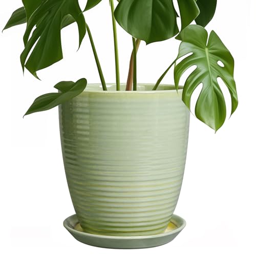 Ceramic Pots for Plants - Modern Round 8 Inch Planter with Drainage Hole and Plant Saucer for Flower Indoor Outdoor, Home Decor, House Warming Gifts, Green - color: Bright Green, size: 8 Inch