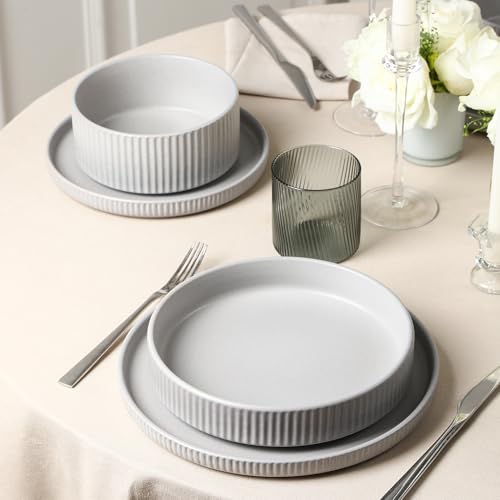 Stone Lain Haven Stoneware 32-Piece Dinnerware Set, Plates and Bowls Sets for 8, Grey Dish Set, Includes Dinner and Salad Plates, Cereal Bowls, Glassware, Microwave & Dishwasher Safe - color: Gray, size: 32-Piece - Drinking Glasses