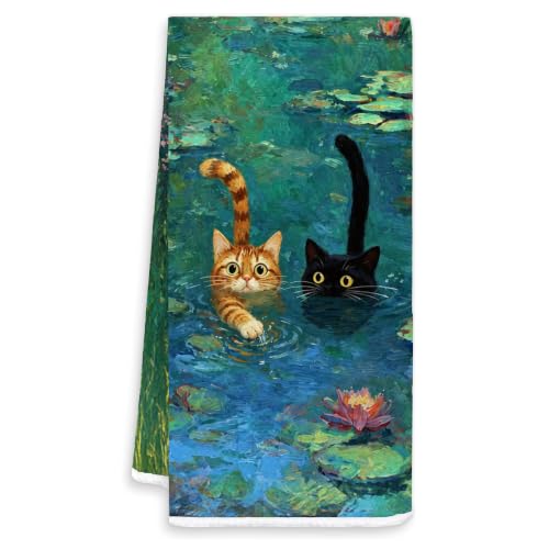Monet Inspired Orange and Black Cat Kitchen Dish Hand Towels 16x24 | Cat Lover Mom Lady Gifts, Vintage Pond Waterlily Garden Nature Scene Decorative Hand Tea Towels for Bathroom Kitchen - color: White-monet Cat