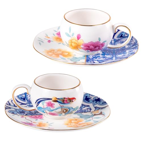 KAMMAK Tea Cups and Saucers Set of 2, Fine Bone China Coffee Cups, GH015 | Stackable Espresso Mugs, Ceramic Demitasse for Coffee, Cappuccino, Latte, Americano, Tea - size: 8KPGH015