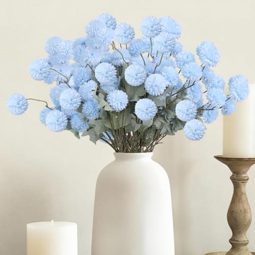 INQCMY Artificial Silk Mums 20" Faux Stem Kiku Flowers for Vase Home Decor | 12 Pcs Fake Chrysanthemums Blue Fall Flower, Realistic Pompon Balls for Indoor Living Room Thanksgiving Table Centerpieces - color: Blue