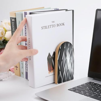 Silver Geometric Figure Bookends 1 Pair Heavy Duty Book Ends for Shelves Non-Skid Bookend Supports Wooden Book Holders with Metal Base Desk Organizers Books Storage to Hold Books