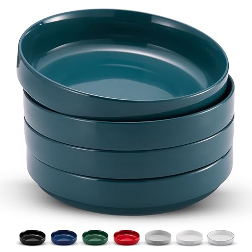 KooK Pasta Bowl, Bowl Plate, Low Bowl, Plate Bowls, Ceramic Large Shallow Bowls, Microwave and Dishwasher Safe, Great for Soups and Salads, Glossy Porcelain, 47 oz, Set of 4, Teal - color: Teal