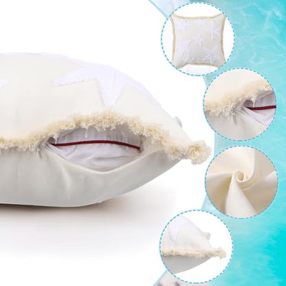 2 Pcs Starfish Pillow Covers 18 x 18 Inch Beige Coastal Beach Pillowcase | Embroidered, Soft Plush, Boho Summer Nautical Couch Cushion Case for Summer Chair Sofa Bedroom Living Room