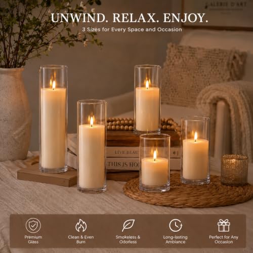 24 PCS Ivory White Pillar Candles and Glass Cylinder Vases Hurricane Glass Candle Holders for Pillar Candles Wedding Centerpieces, Party, Event, Home Office Decor(12 Candles+12 Candle Hoders)