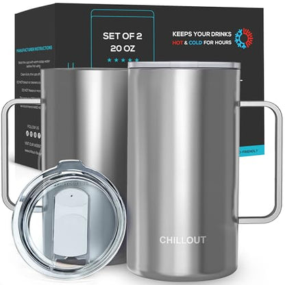 CHILLOUT LIFE Stainless Steel Vacuum Insulated Coffee Mug 20 oz (Set of 2) with Handle and Lid, Large Thermal Camping Coffee Mugs with Sliding Lid for Men & Women, Keeps Your Beverages Hot & Cold - color: Stainless Steel, size: 20 Ounces - 2 Pack