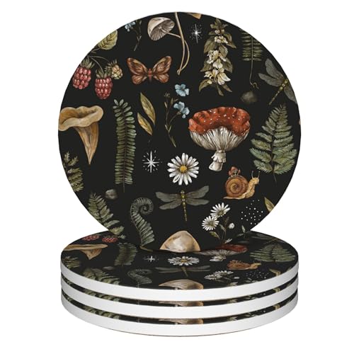 Coasters for Drinks, Set of 4 Absorbent Ceramic Coasters, Vintage Mushroom Plants Design, Non-slip Cork Base, Green, Black, Round - color: Vintage Mushroom Plants