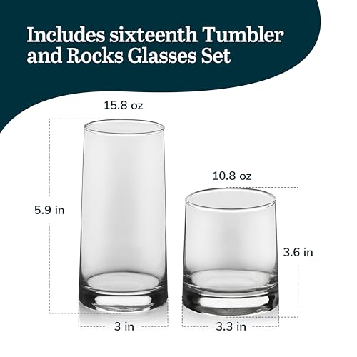 Libbey Cabos 16-Piece Rocks and Tumbler Glasses Set, Angled Glass Cups Set for Water, Juices, and More, Dishwasher-Safe Modern Glassware - color: 08 - Cabos