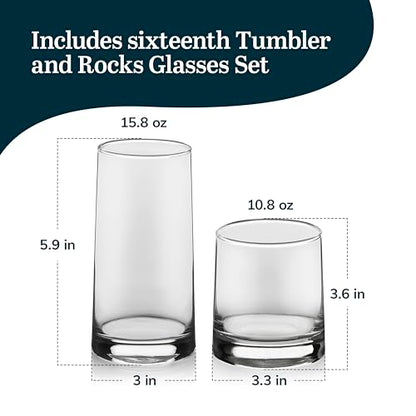 Libbey Cabos 16-Piece Rocks and Tumbler Glasses Set, Angled Glass Cups Set for Water, Juices, and More, Dishwasher-Safe Modern Glassware - color: 08 - Cabos
