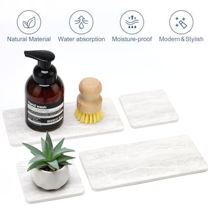 4 Pcs Water Absorbent Stone Dry Tray for Bathroom Sink Kitchen Counter Tray | Diatomite Stone Quick Drying Diatomaceous Earth Mat Soap Dispenser Dish Sponge Holder Ceramic Marble Bathroom Vanity Trays - color: Marble Light Gray