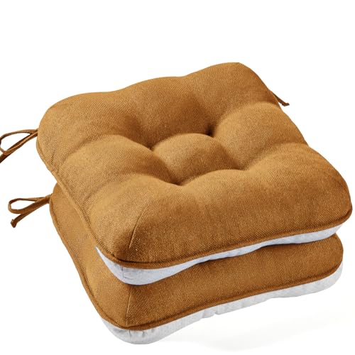 BETU Chair Cushions for Dining Chairs Set of 2,3.5" Thick Kitchen Table Chair Pads with Ties,Non Slip Backing and Covers, Seat Cushion for Dining Room,Bar,Patio Chairs,15.5"X15.5"X3.5",Caramel - color: Chestnut, size: 15.5"x15.5"x3.5" (2 Pack)