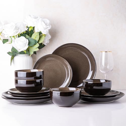 LERATIO Ceramic Dinnerware Sets for 4,12Pcs Stoneware Plates and Bowls Set | Handmade Reactive Glaze Ceramic Dishes Set,Oven & Microwave,Dishwasher Safe,Scratch Resistant - color: Dreamy Moonlight-Chestnut, size: Service for 4-12pcs