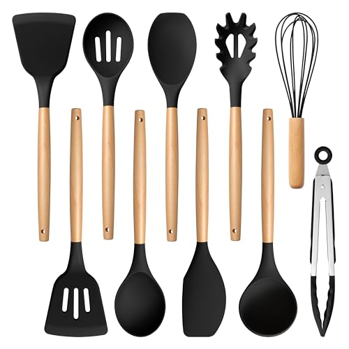 E-far Silicone Cooking Utensils Set, 10-Piece Black Kitchen Utensils Set with Wooden Handle for Nonstick Cookware, Heat Resistant Kitchen Nonstick Tools Spatula Whisk Tongs Ladle, Non-toxic & Healthy - color: Black, size: 10
