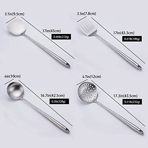 17″ Wok Utensils - Wok Spatula and Ladle, Skimmer Spoon, Slotted Spatula | 304 Stainless Steel Kitchen Utensils Set, 4-Pieces Extra Long Handle Cooking Tools, All Metal Chinese Wok Accessories