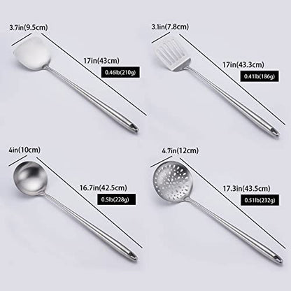 17″ Wok Utensils - Wok Spatula and Ladle, Skimmer Spoon, Slotted Spatula | 304 Stainless Steel Kitchen Utensils Set, 4-Pieces Extra Long Handle Cooking Tools, All Metal Chinese Wok Accessories