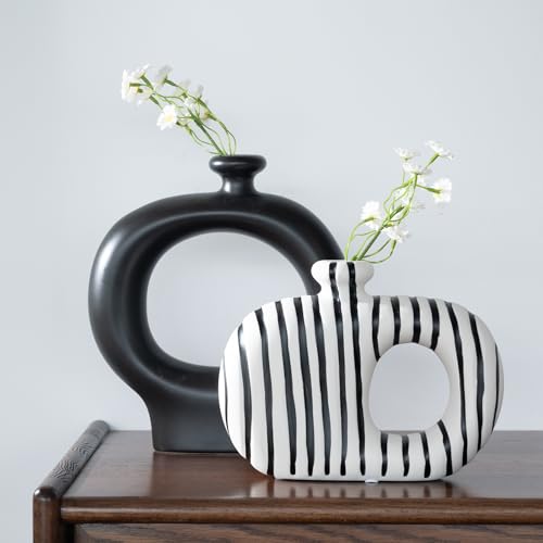 Relexome Donut Vases Set of 2,Black & White Striped Hollow Ceramic Flower Vases,Modern Nordic Minimalist Round Decorative Vase for Pampas Grass,Dried Flowers,Living Room,Table Centerpiece & Home Decor