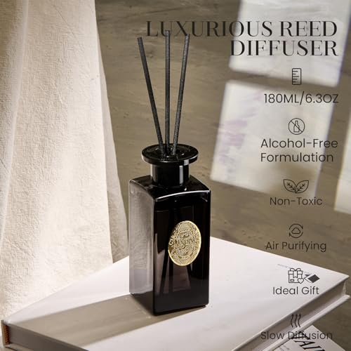 M&SENSE 6.3 oz Large Reed Diffuser Set | Oud Wood Scent Oil Diffuser with Sticks | Hotel Collection Non-Toxic Essential Oil |for Bedroom Bathroom Living Room - color: Oud Wood, size: 180ml