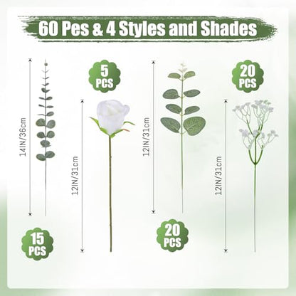 LUWENER 60 Pcs 4 Kinds Mixed Artificial Eucalyptus Leaves Stems,Bulk Fake Silver Dollar Leaves Faux Greenery Branches for Wedding DIY Bouquets, Floral Arrangement & Home Decor | White Silk Roses and Baby Breath Bulk, Fake Silver Dollar Leaves for Wedding