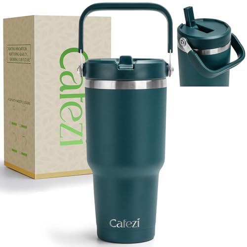 30 oz Tumbler with Lid and Straw, Stainless Steel Vacuum Insulated | Flip Straw, Top Handle, Leakproof, Fits Cup Holder, Reusable Water Bottle for Home, Office, Outdoors, Cold for 12 Hours - color: Atrovirens, size: 30 Ounces