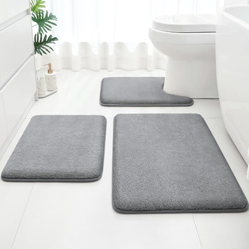 HOMEIDEAS Upgraded Bathroom Rugs Set 3 Piece, Ultra Soft Memory Foam Bath Mats, Super Absorbent Non Slip Washable U-Shaped Toilet Bath Rug (Grey, 17"x24"+20"x32"+U-Shaped 20"x24") - color: Grey