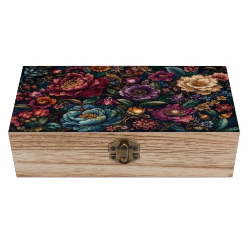 Floral Dark Background Vibrant Colors Wooden Storage Box Decorative Keepsake Box with Metal Lock Vintage Organizer Container Jewelry Photo Letter Memory Box Rustic Home Desk Storage Gift Box - color: Floral Dark Background Vibrant Colors