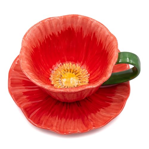 10 oz Tea Cups and Saucers, Hand-Painted Ceramic Flower-Shaped Coffee Cup | Saucer Set, Microwave & Dishwasher Safe, Elegant Floral Cup Set Gift for Women - color: Red