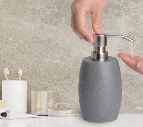 Clasin Home Sandstone Textured Resin Soap Dispenser with Metallic Pump and Waterproof Bottle Labels for Bathroom Kitchen Dish Hand Wash Shower Lotion Shampoo, 12 Oz, Gray - color: Dark Gray