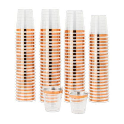 Mandala Crafts Disposable Clear Rose Gold Rim 1oz Plastic Shot Glasses | Recyclable, Bulk 120 PCs Clear Mini Cups for Parties, Whiskey & Wine Tastings, Condiments, Desserts, Samples & Crafts - color: Rose Gold Rim, size: 1 Ounces