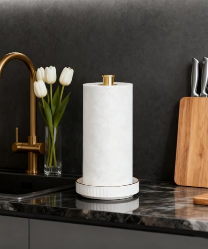 Paper Towel Holder, Ceramic Heavy Plate Base Wobble-Free, Roll Stand-Gold | Effortless Cleaning and Easy to Assemble, Super Large for Triple Rolls, High End Looking as a Good Gift for Kitchen Island - color: Lux-gold