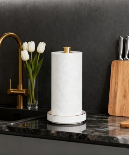 Paper Towel Holder, Ceramic Heavy Plate Base Wobble-Free, Roll Stand-Gold | Effortless Cleaning and Easy to Assemble, Super Large for Triple Rolls, High End Looking as a Good Gift for Kitchen Island - color: Lux-gold