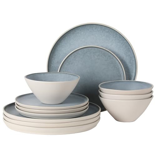 Gibson Elite Coastal Forest Plates and Bowls Sets, 12-Piece Stoneware Dinnerware Sets, Triple Reactive Glaze Dish Set - Blue and Cream White - color: Blue/Cream White (Coastal Forest), size: Service for 4 (12pcs)