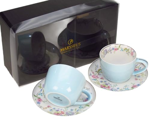 Porcelain Set of 2 Pastel Cups 8 oz with Saucers 5.75", Glamour by Marsseus Collection, Gift Box, Floral motif - color: Floral motif-4