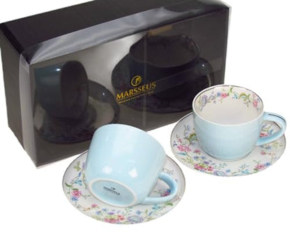 Porcelain Set of 2 Pastel Cups 8 oz with Saucers 5.75", Glamour by Marsseus Collection, Gift Box, Floral motif - color: Floral motif-4