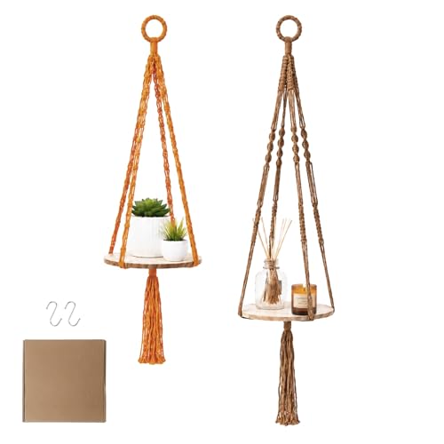 Macrame Hanging Planter with Shelf, Boho Plant Hanger for Indoor Window | Wooden Hanging Plant Shelf with Hook, Plants Basket Holder for Outdoor Balcony Living Room, Farmhouse Rustic Wall Decor, 2PCS - color: Khaki + Orange