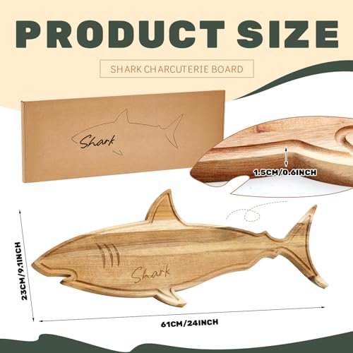 Funny Shark Charcuterie Board for Cutting Serving Cheese Meat Housewarming Gift Acacia Wood Decorative Charcuterie Board for Kitchen Birthday Xmas Wedding Parties, 24 x 9.1 x 0.6"(Grooved) - style: Grooved