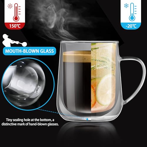 Joeyan Clear Double Walled Glass Coffee Mugs, Double Layer Tea Latte Cappuccino Cups with Handle, Double Lined Insulated High Borosilicate Glassware for Milk and Other Hot Beverages, 13.5 oz, Set of 2 - color: 500ml-Clear with handle
