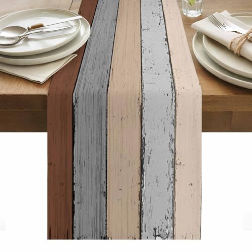 Farmhouse Cotton Linen Table Runner Retro Rustic Barn Wood Texture Ombre Ground Color Brown Grey Non-Slip Rectangle Party Table Decorations for Kitchen ,Home ,Dining Table ,Outdoor,13X36 Inches - color: Brown, size: Small 13x36