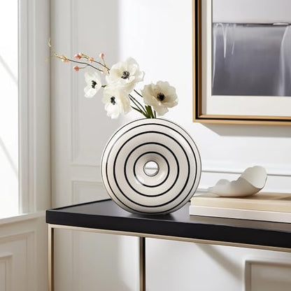 Ceramic Large Donut Vase Hand-Painted Glossy Finish, Unique Modern Home Accent, Flower Holder, Stylish Decor for Living Room, Coffee Table, Mid-Century Modern - size: Large
