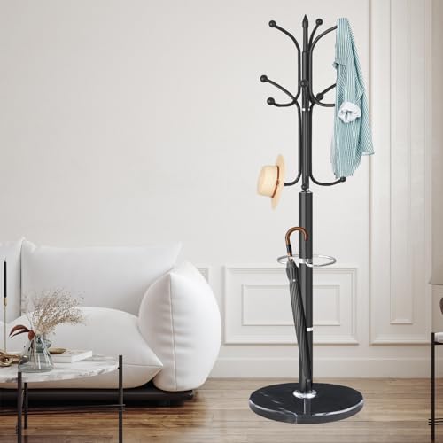 ZOZOE Metal Coat Rack Stand, Modern Coat Rack Freestanding with Natural Marble Base, Sturdy Coat Racks with 12 Hooks & Umbrella Holder,Black Coat Tree Hanger Stand for Bags,Hats,Entryway,Office - color: Black 12 Hooks